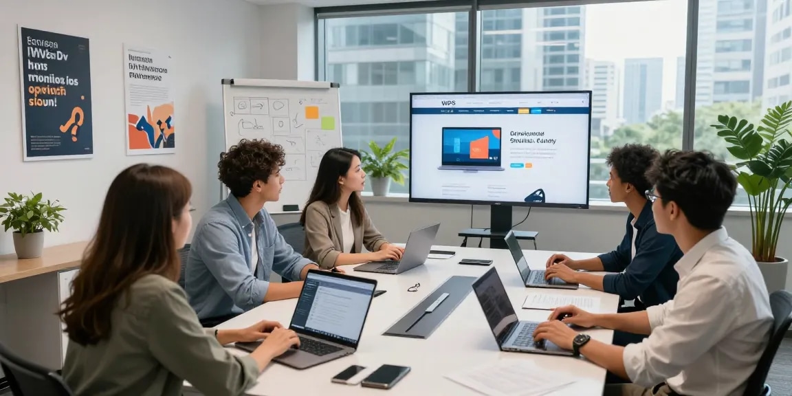 Collaborative team meeting showcasing the WPS Official Website in a modern office setting, highlighting innovative productivity solutions.