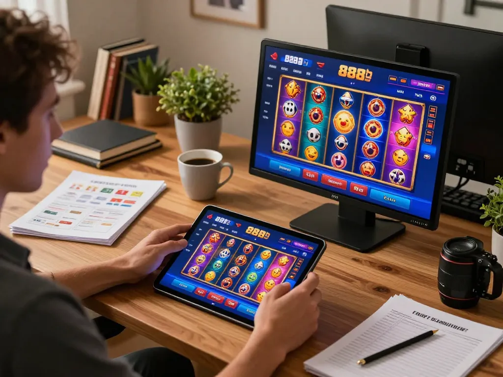 Engaging gameplay on the 888b casino app at home, showcasing vibrant slot games and strategy notes.