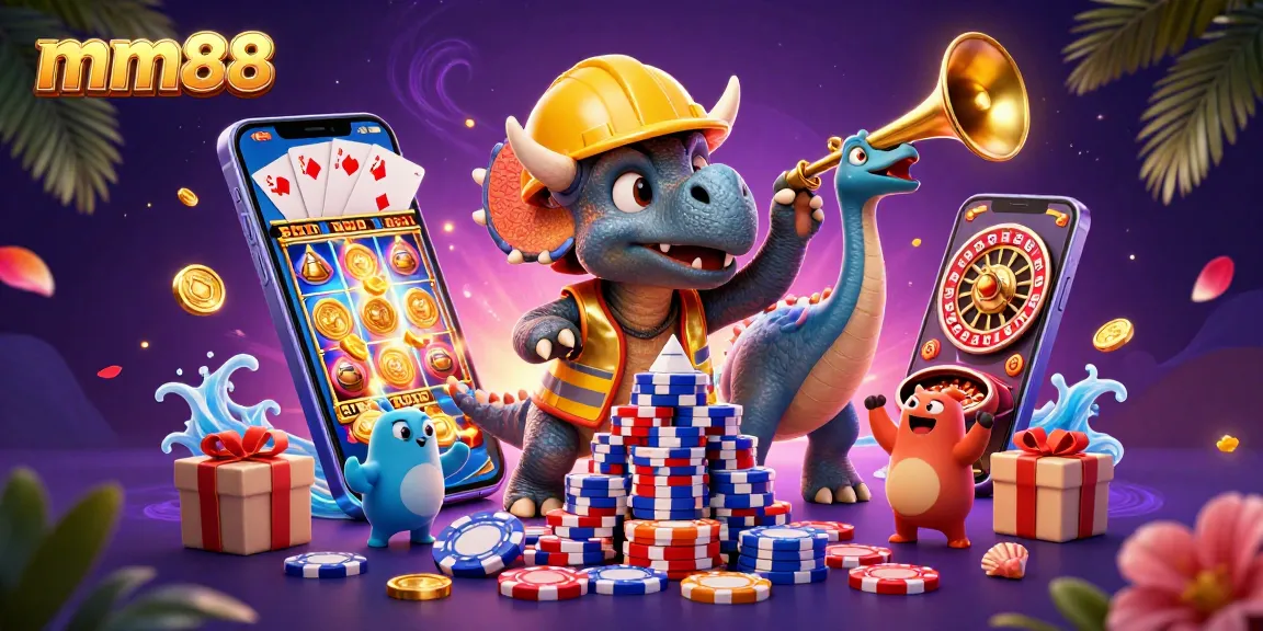 mm88 casino scene with triceratops building poker chips and celebrating dinosaurs