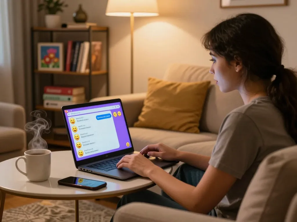 Engaging in a lively sexchat conversation on a cozy couch with vibrant chat window.