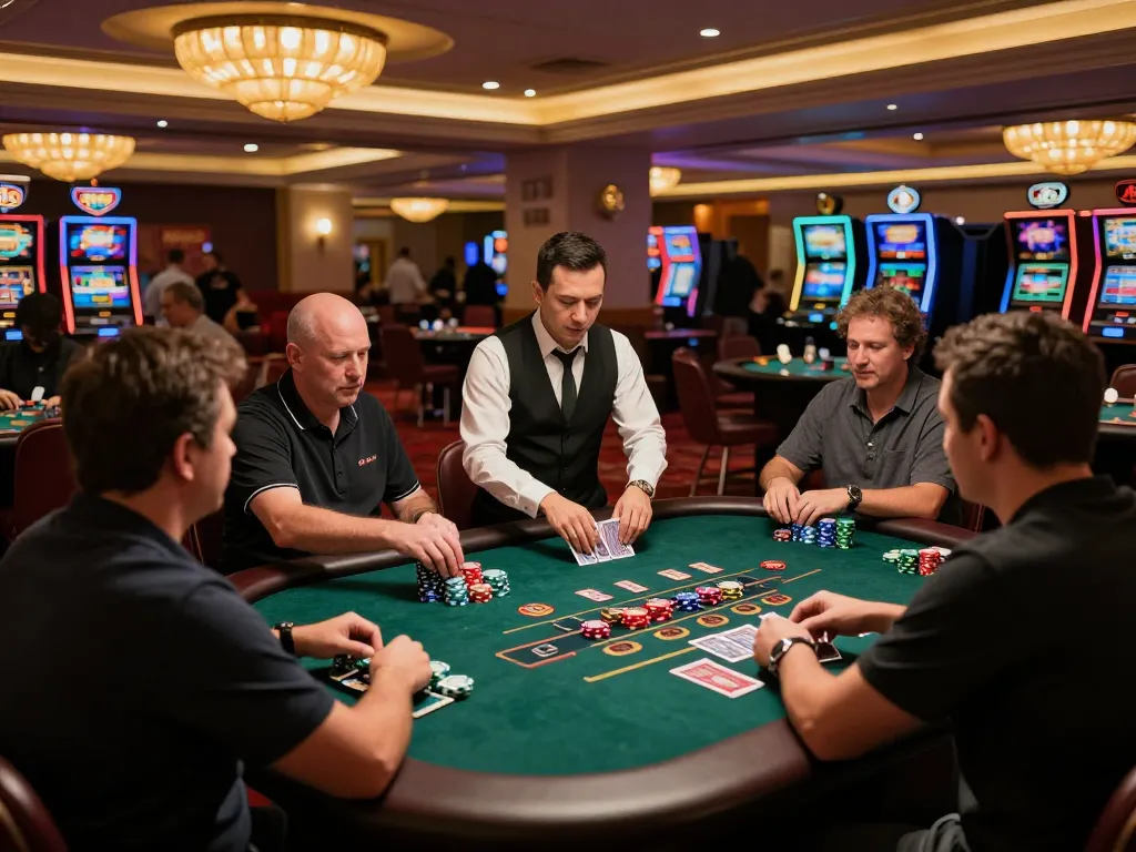 Engage at SC88 casino's lively blackjack table as players place bets surrounded by vibrant casino atmosphere