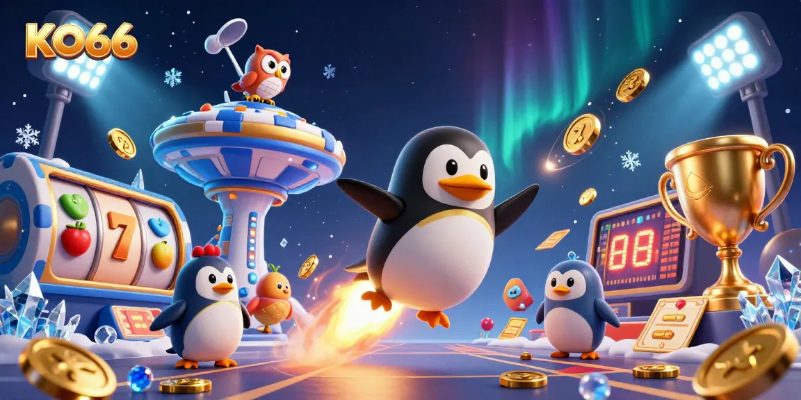 KO66 casino scene featuring a golden penguin and vibrant gaming elements showcasing dynamic gameplay.