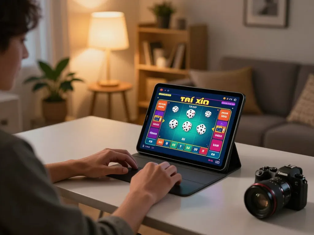 Tài xỉu game played on a tablet in a cozy home environment, highlighting strategic gameplay.