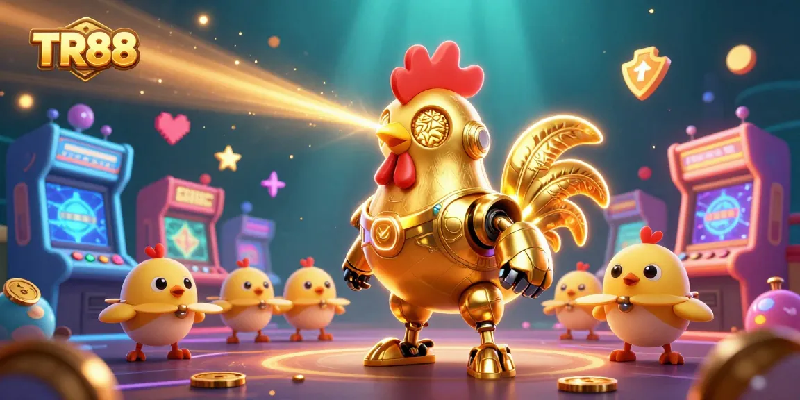 Engage in TR88's thrilling online gaming experience featuring a dynamic scene with a futuristic golden robot and game elements