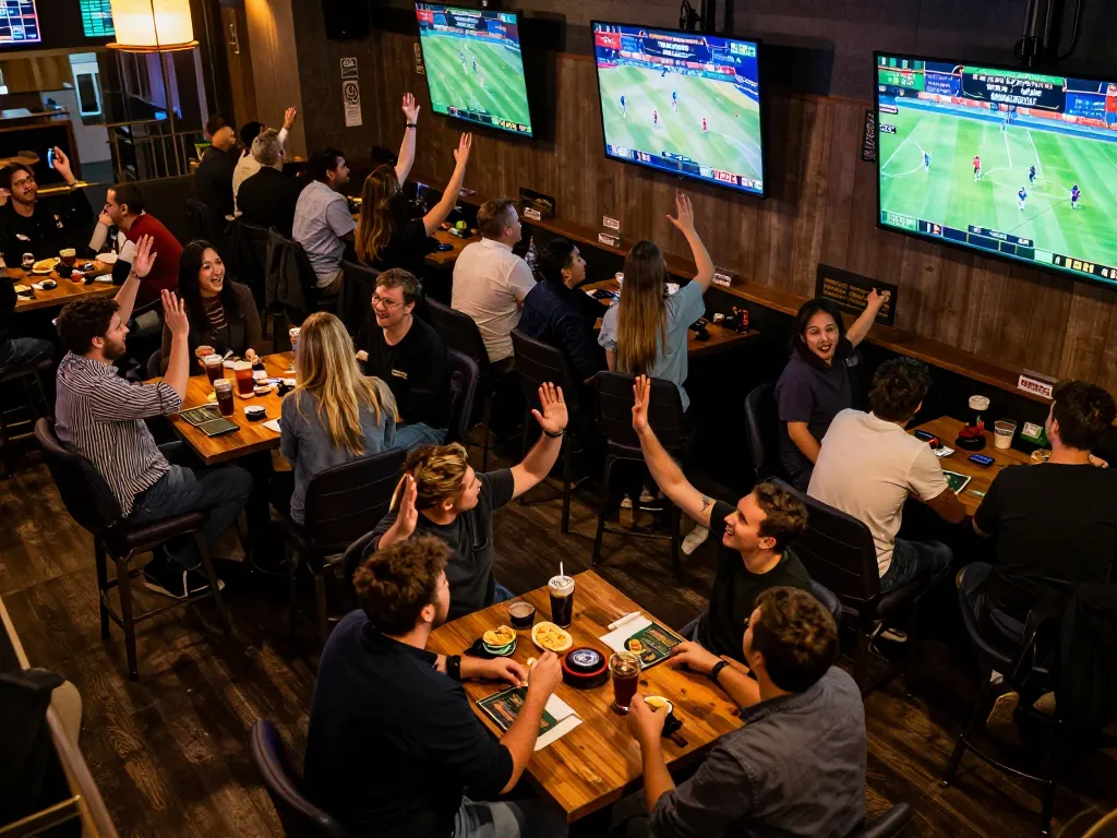 Excited players placing bets at GO8 during a live sports betting event, showcasing engaging atmosphere
