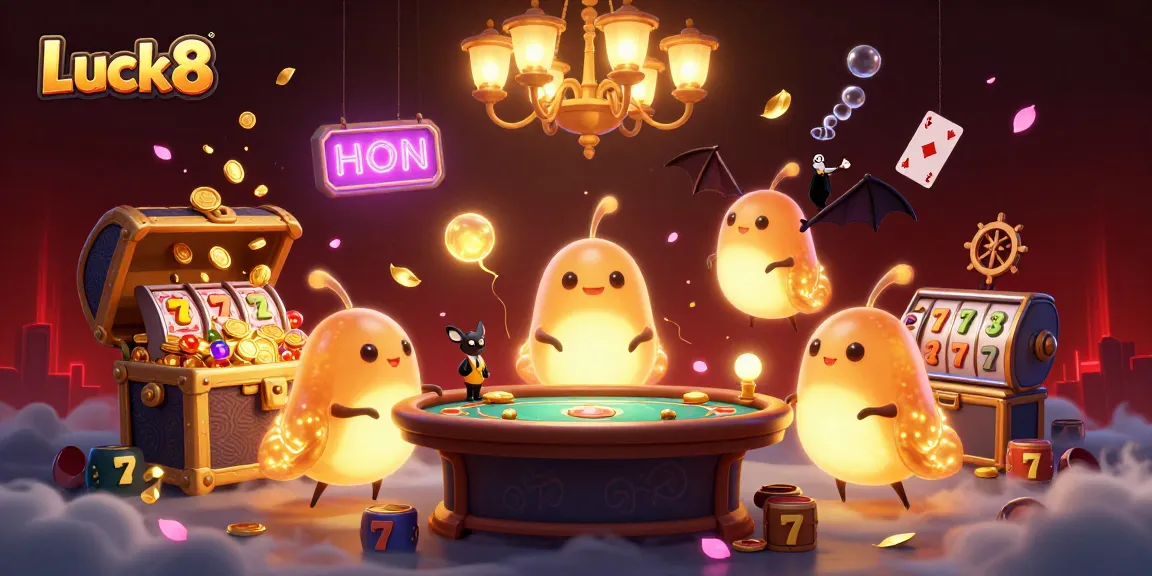 Experience Luck8 with a vibrant casino scene featuring bioluminescent glowworms and gold coins.
