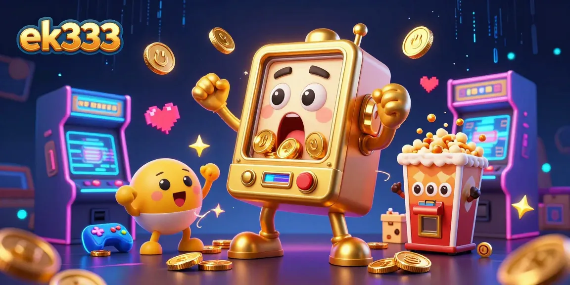 Spin the ek333 jackpot on a vibrant 3D illustration with golden slot machines and dynamic casino elements.