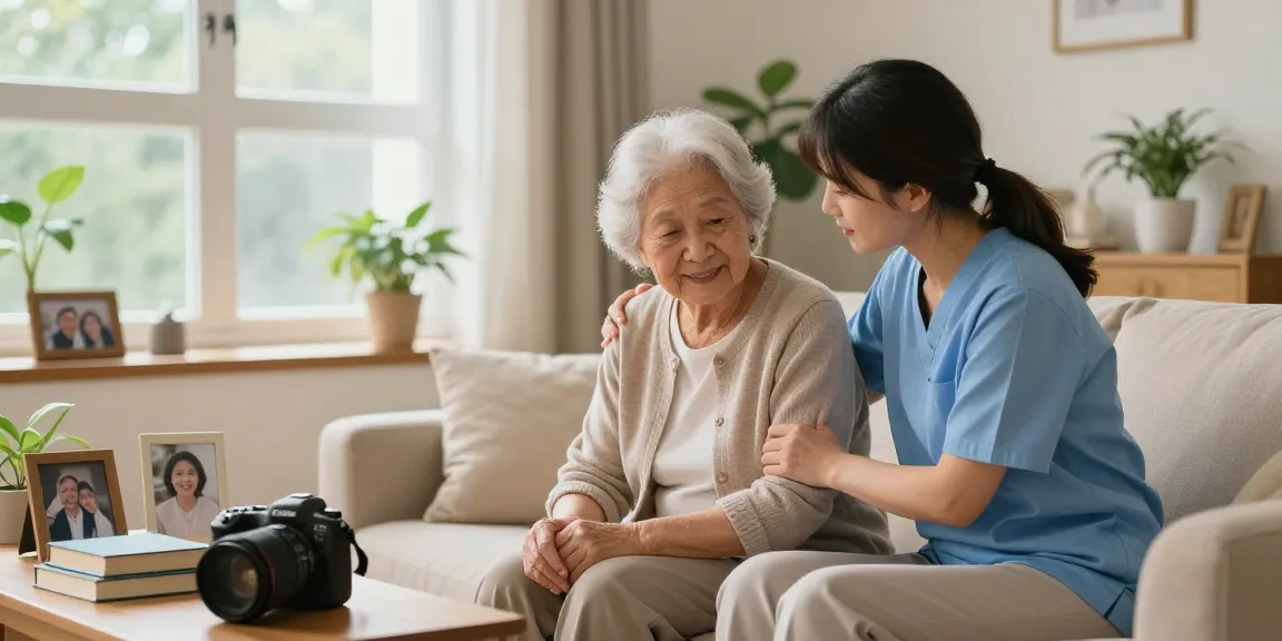 Hospital care package support for elderly at home, showcasing caregiver interaction in a warm, inviting space.