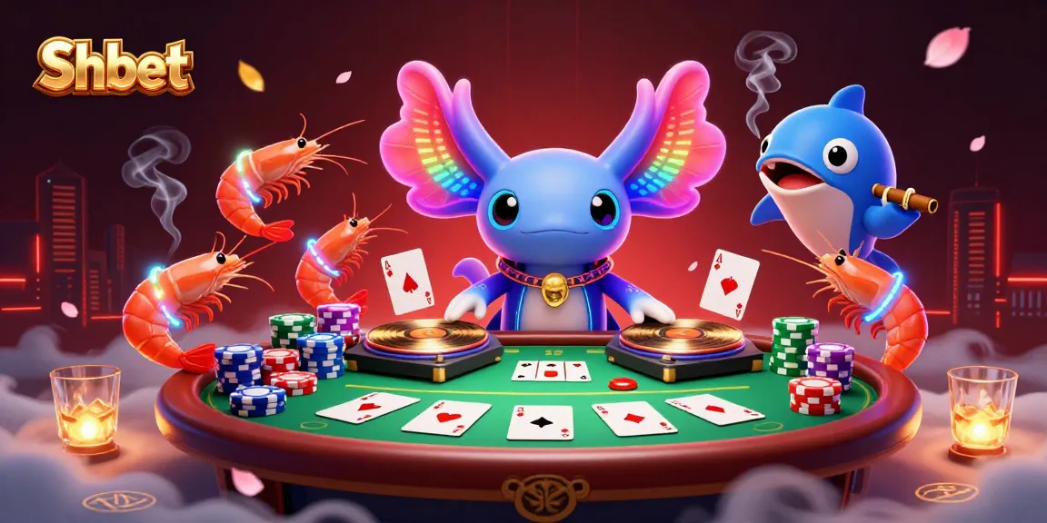 Engage with Shbet at a lively underwater poker party featuring dynamic characters and vivid casino elements.