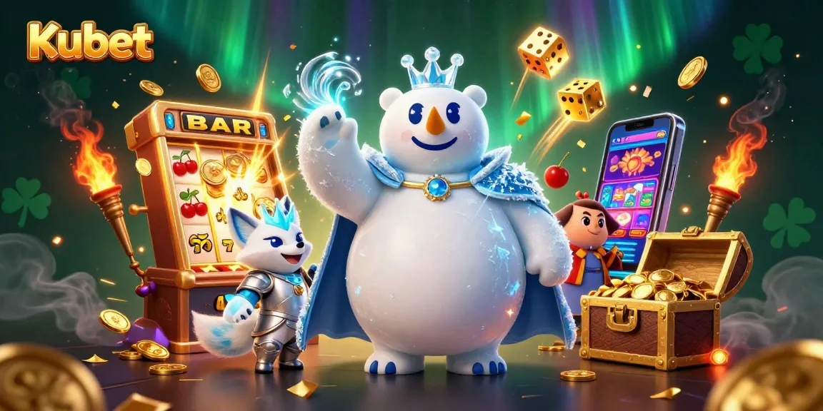 Kubet slot machine bursting coins as the ice king polar bear and snow fox celebrate in an animated casino scene