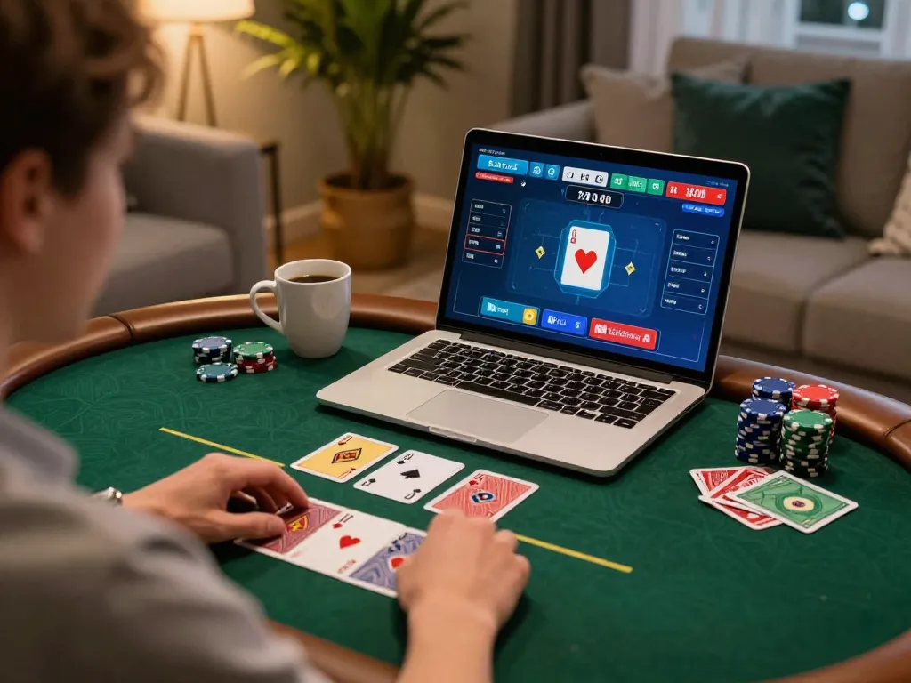 Player enjoying poker on LC88 online platform with cards displayed, creating a strategic gaming atmosphere.