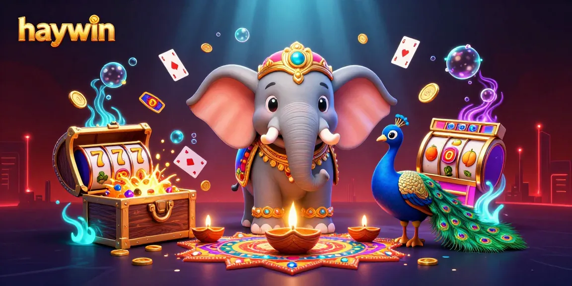 Play exciting games at haywin, featuring vibrant casino elements and a Diwali-themed scene.