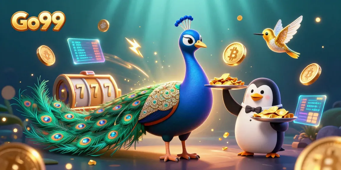 Experience the excitement at Go99 with slots and shimmering casino elements in a vibrant 3D illustration.