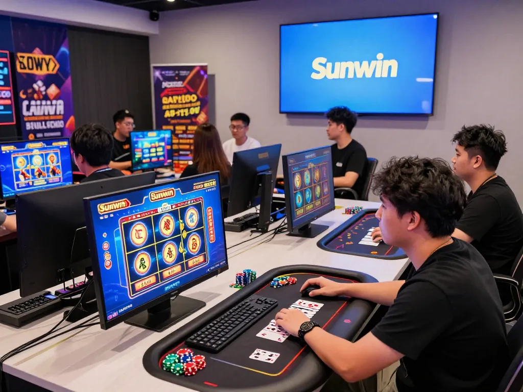 Sun win online gaming experience with excited players enjoying games, vibrant interface, and promotional graphics.