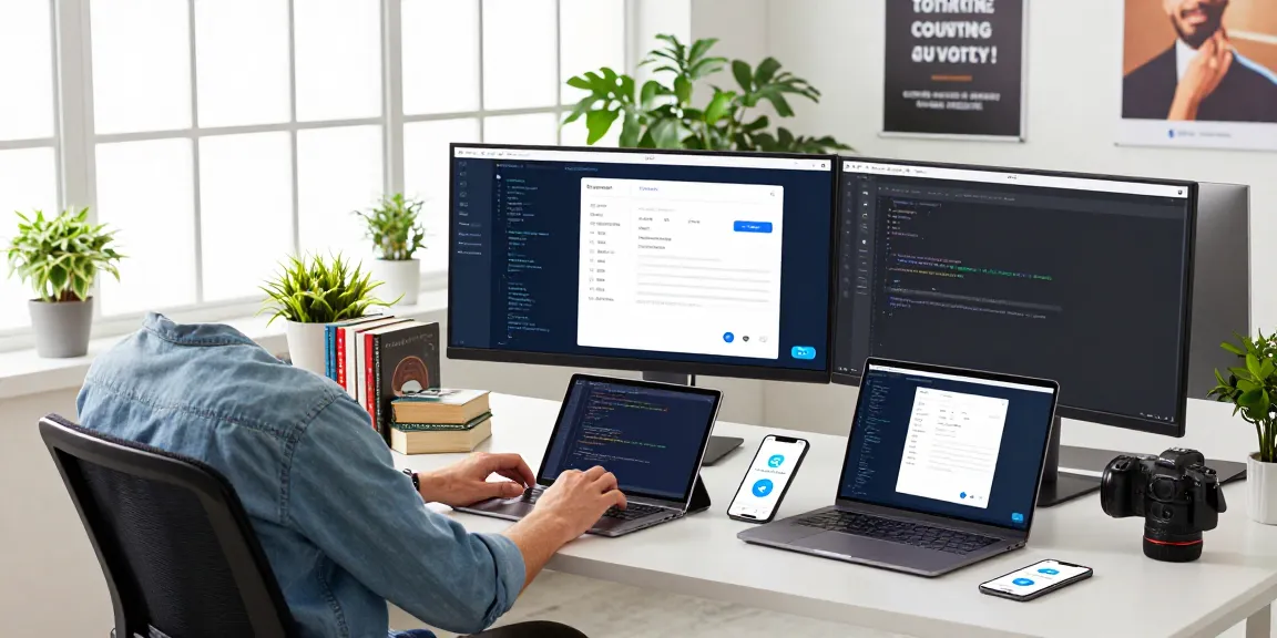 Seamless workspace with Telegram Download interface on screens and tech gadgets, showcasing a modern tech environment.