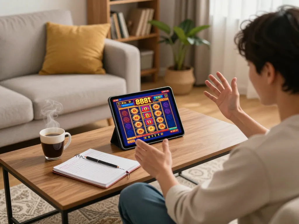 Person excitedly playing 888slot on a tablet at home, showcasing online gaming strategy and comfort.