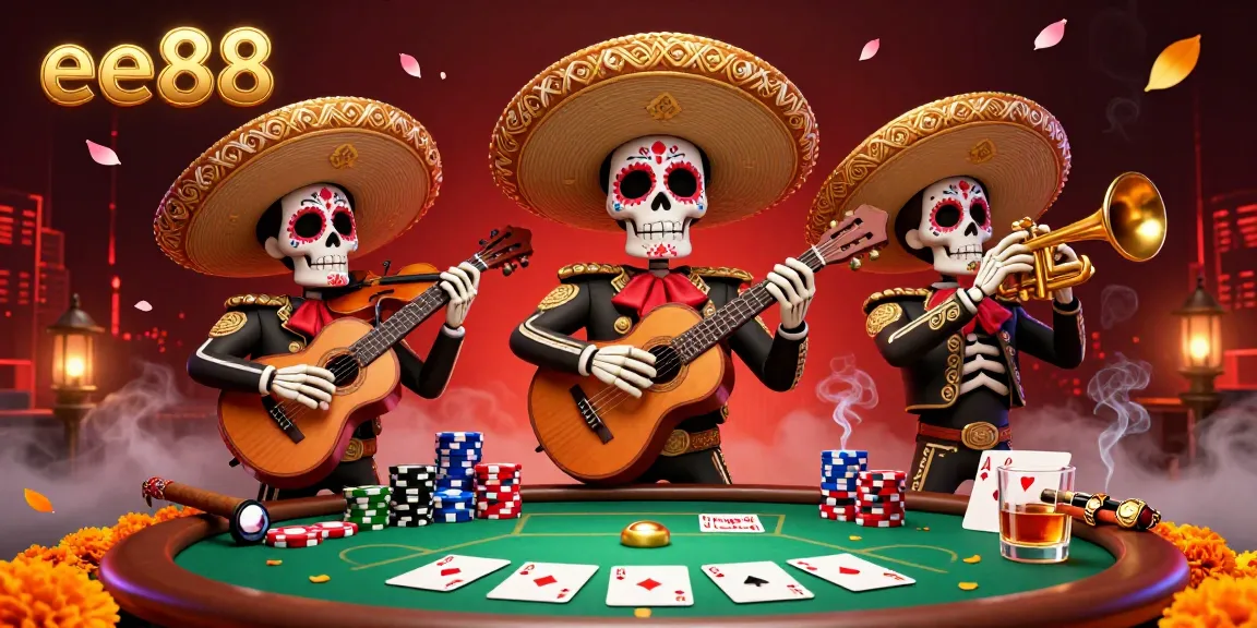 Engage with the vibrant ee88 casino scene featuring a Day of the Dead skeleton mariachi band and poker elements.