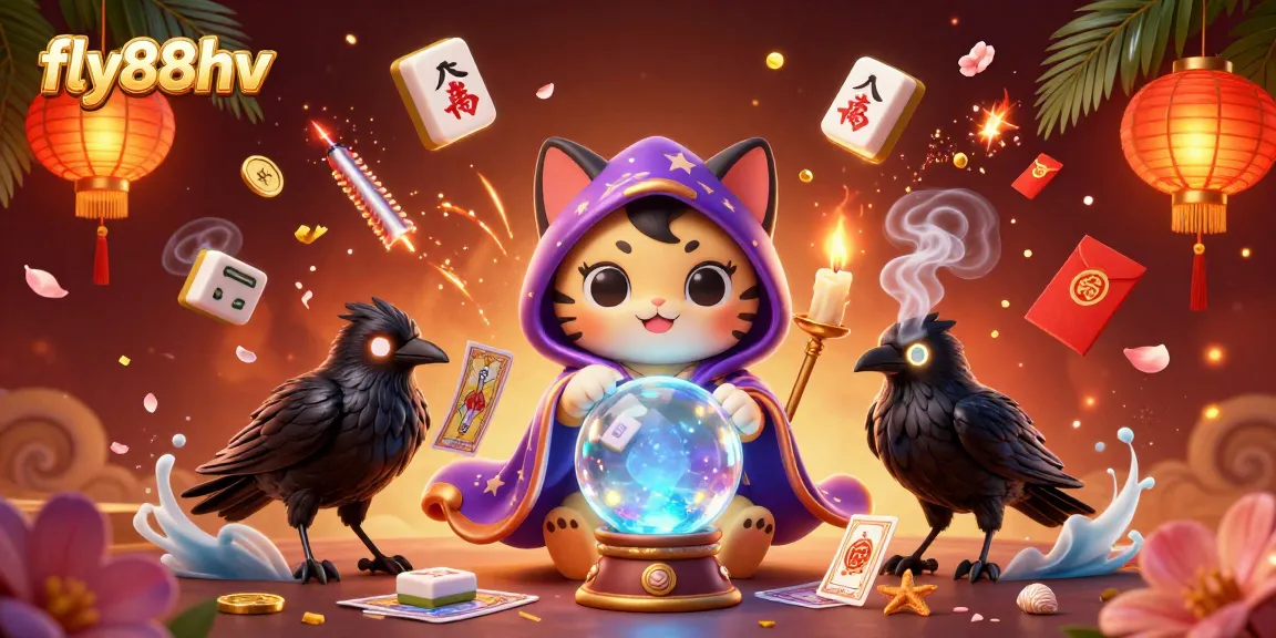 Experience excitement at fly88hv with a mystical scene featuring a fortune teller cat and glowing raven in a dynamic casino setting.