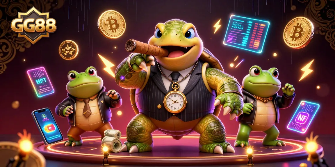 GG88 showcases vibrant casino action with a snapping turtle in a mobster suit and bullfrog enforcers.