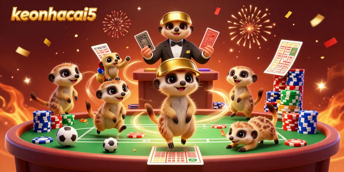 Engage with keonhacai5's vibrant sports betting scene featuring meerkats managing a betting table and stacking chips.