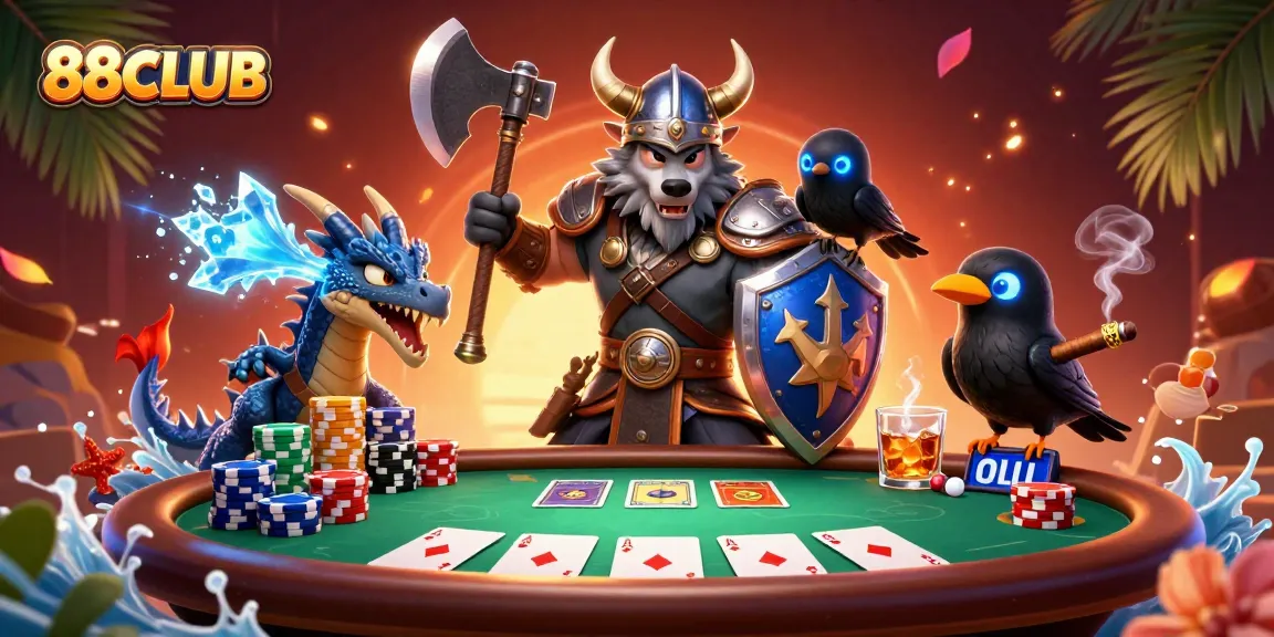 Experience an exciting game at 88CLUB with vibrant poker elements surrounded by adventurous characters.