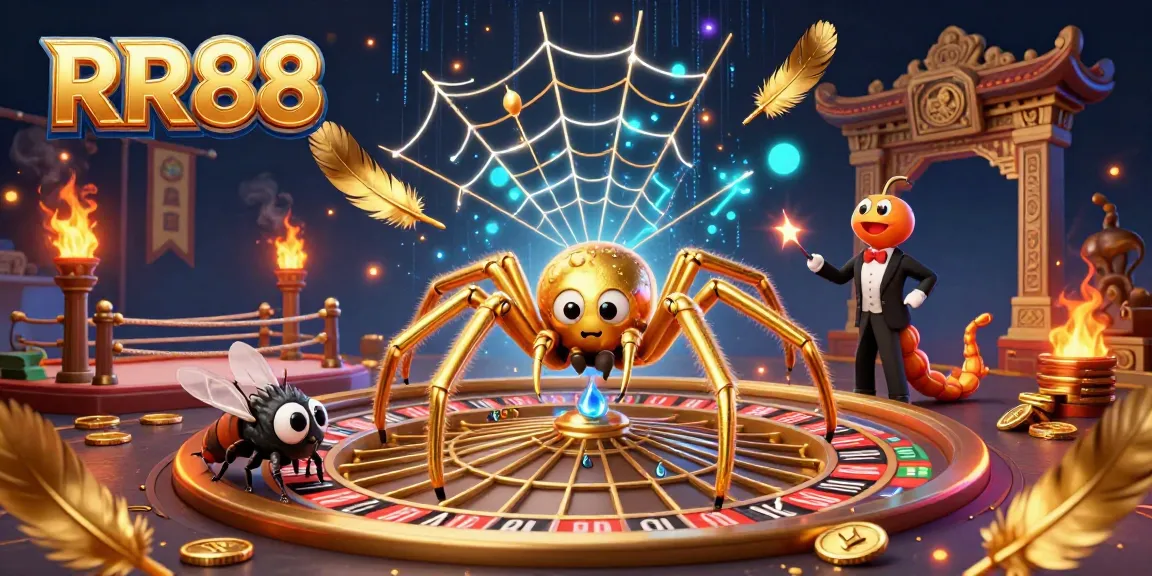 RR88 casino-themed illustration showcasing a golden spider, a fly, and a centipede croupier amidst dazzling betting elements.