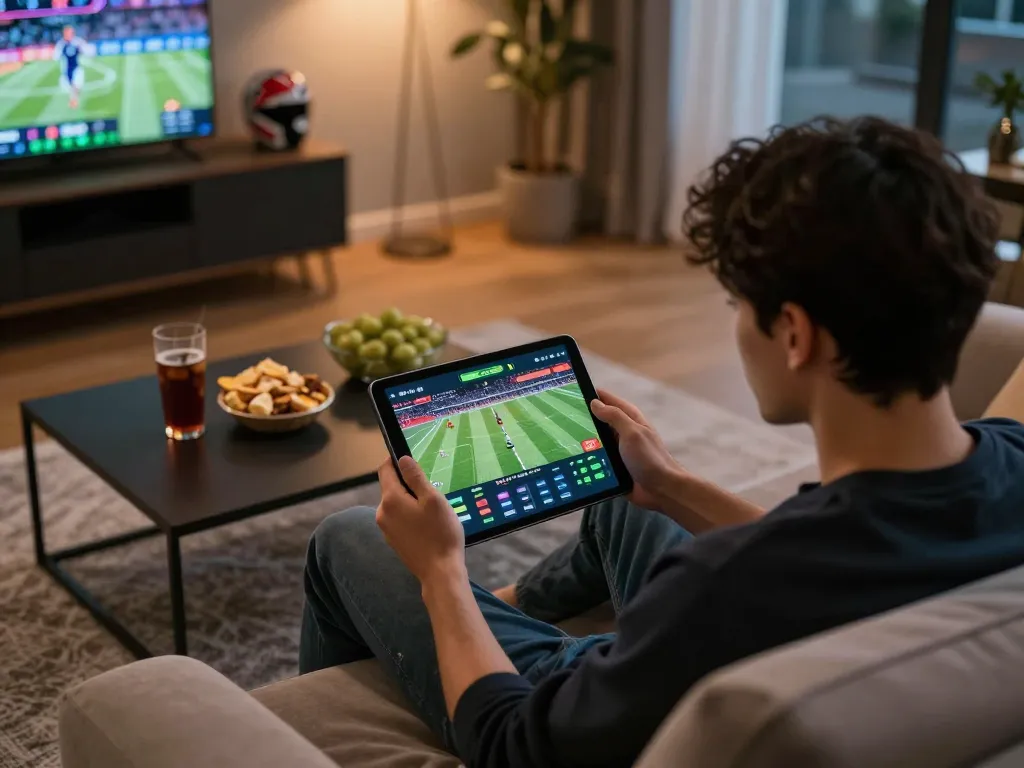 Person using sc88 app for sports betting on tablet in a cozy home environment, with snacks and drinks nearby.