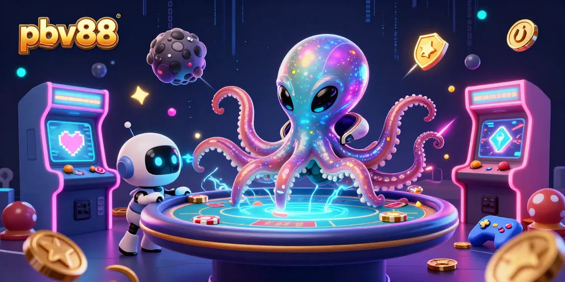 pbv88 showcases an alien octopus at a holographic poker table, surrounded by vibrant casino elements.