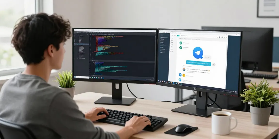 Download Telegram with a developer using dual monitors and showcasing a vibrant coding environment.
