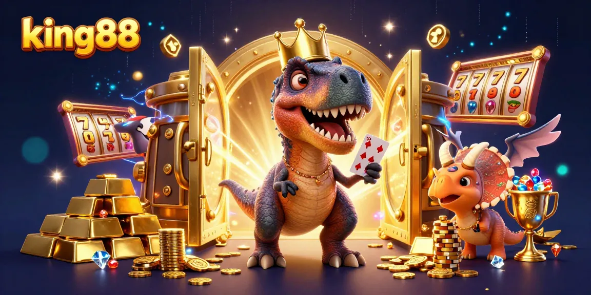 Experience the excitement of king88 with a T-Rex dealing cards while a pterodactyl assists in this vibrant casino scene.