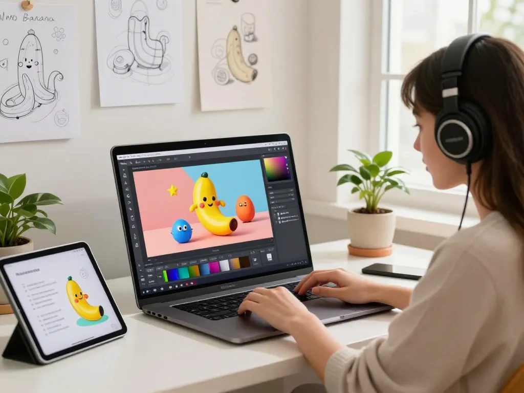 Edit images with Nano Banana AI in a creative workspace featuring a woman working on her laptop surrounded by artistic elements.