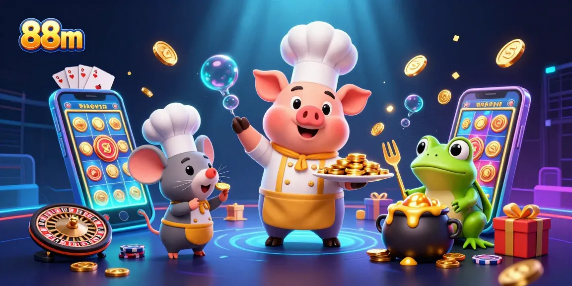 Experience exciting gaming at 88m with a vibrant scene of energetic casino elements and playful characters.