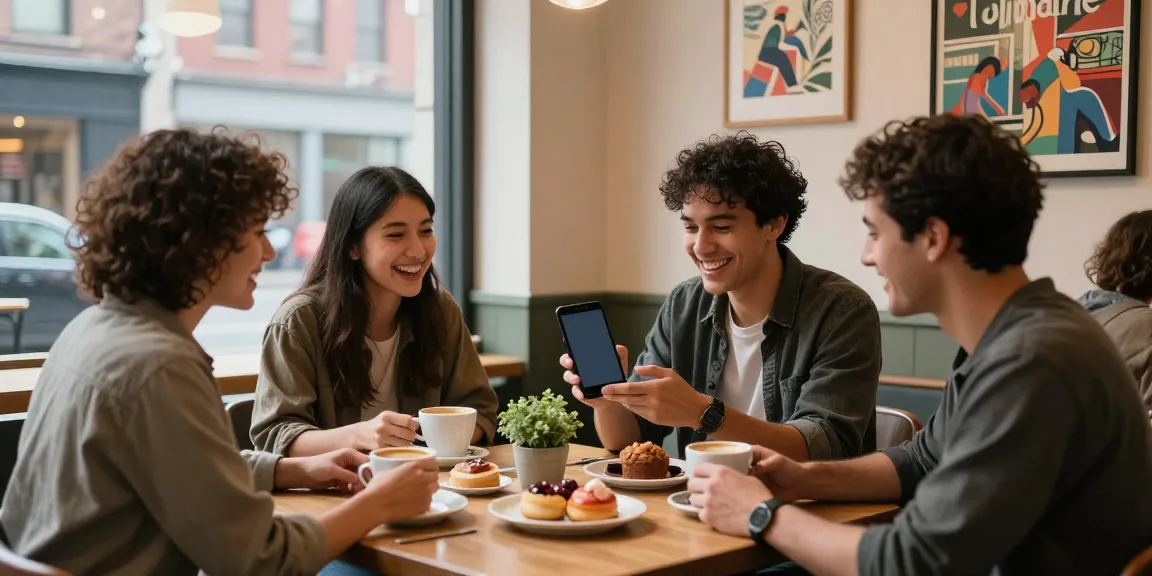 A group of friends enjoying the rokok88 link while chatting over coffee in a vibrant urban café.