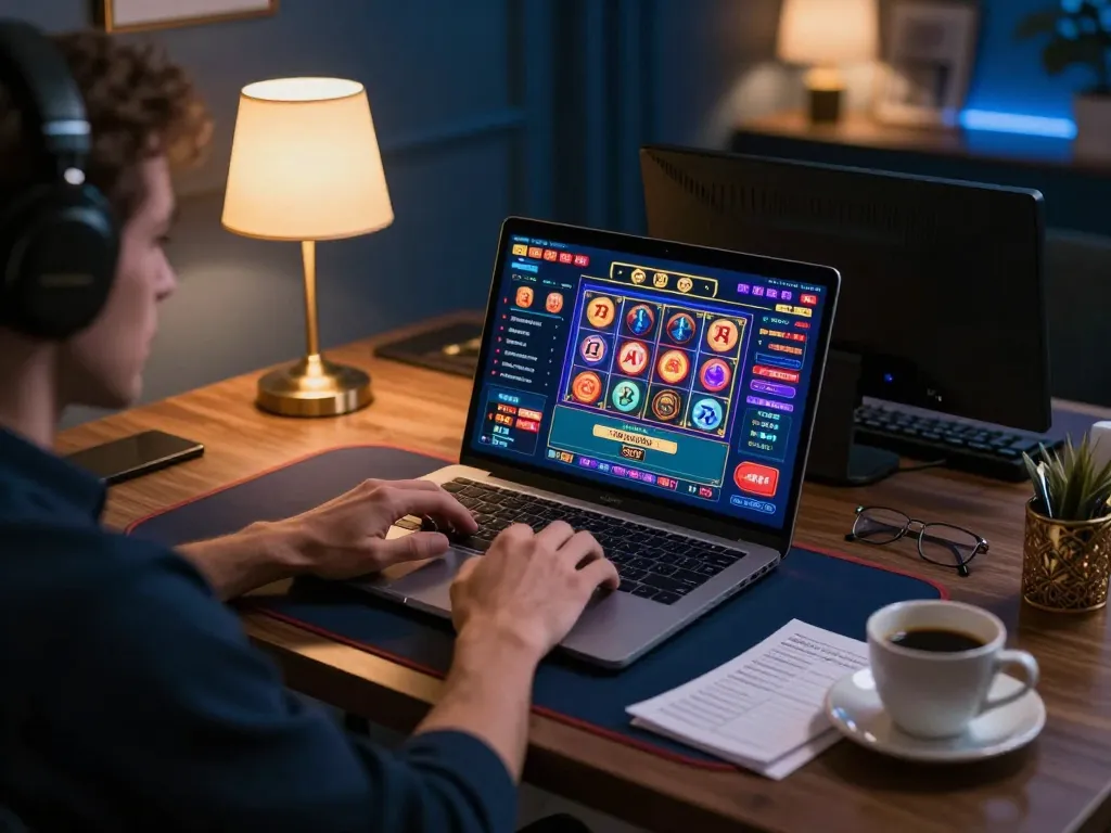 Engaging in online gambling at open88 with vibrant slot games and casino tables on a laptop.