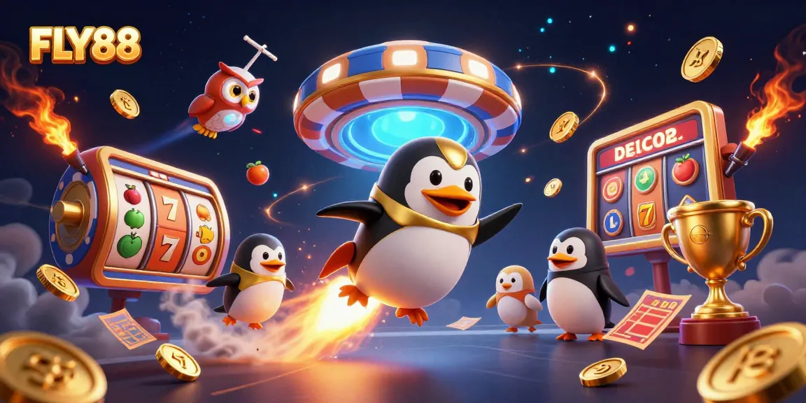 Experience FLY88's thrilling casino adventure with a golden penguin and vibrant slot elements!
