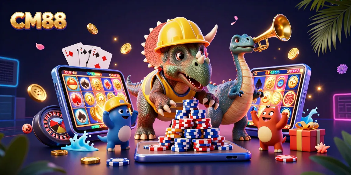 Players celebrate wins at CM88's vibrant casino scene with exciting slot games and poker chips.