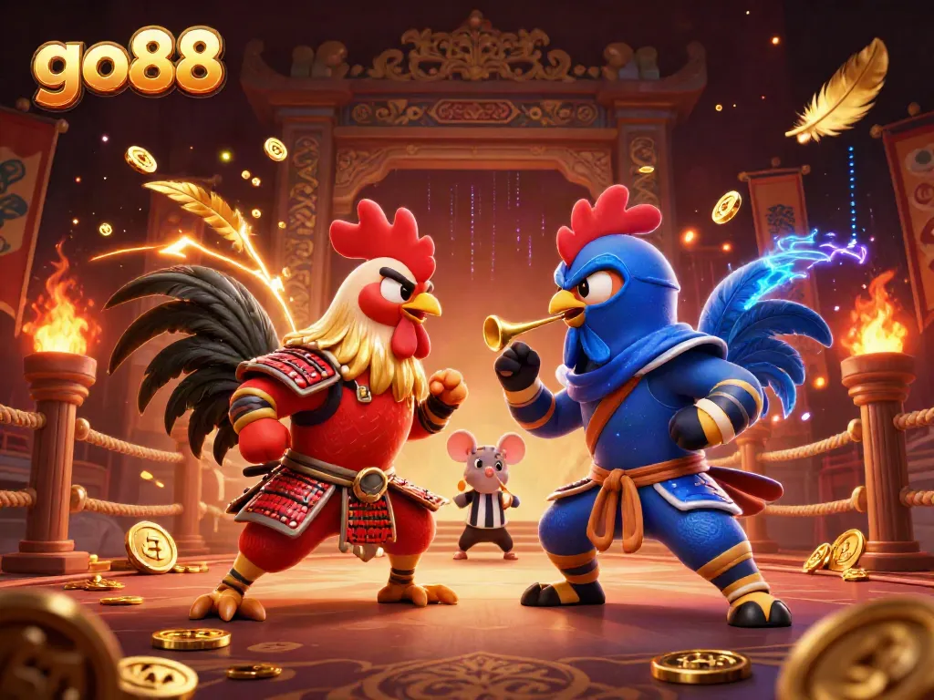 Engage with go88 in a vibrant 3D scene featuring battling roosters in a dynamic betting arena.