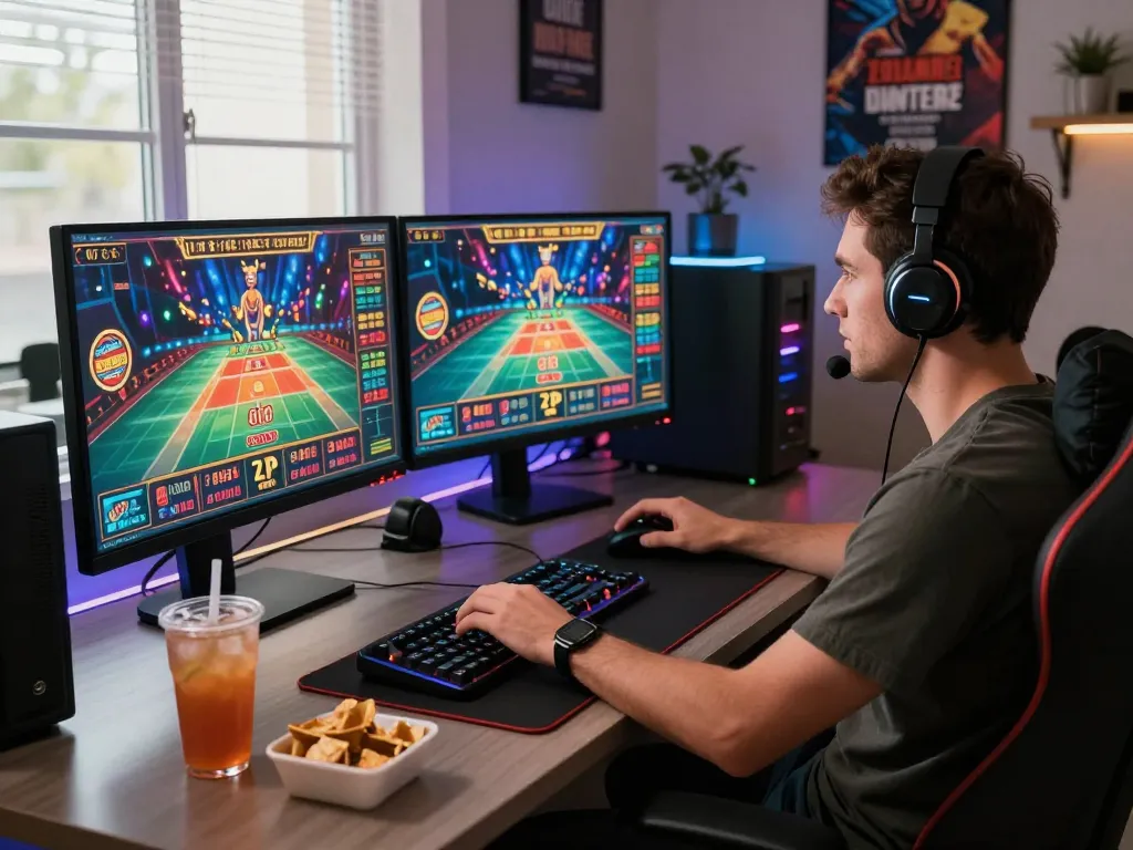 tg88 player engaging in online casino gaming with exciting graphics displayed on dual monitors