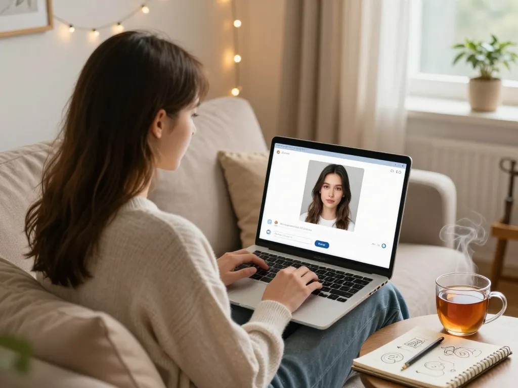 Young woman chatting with her AI girlfriend on a laptop in a cozy room, showcasing the modern digital relationship.