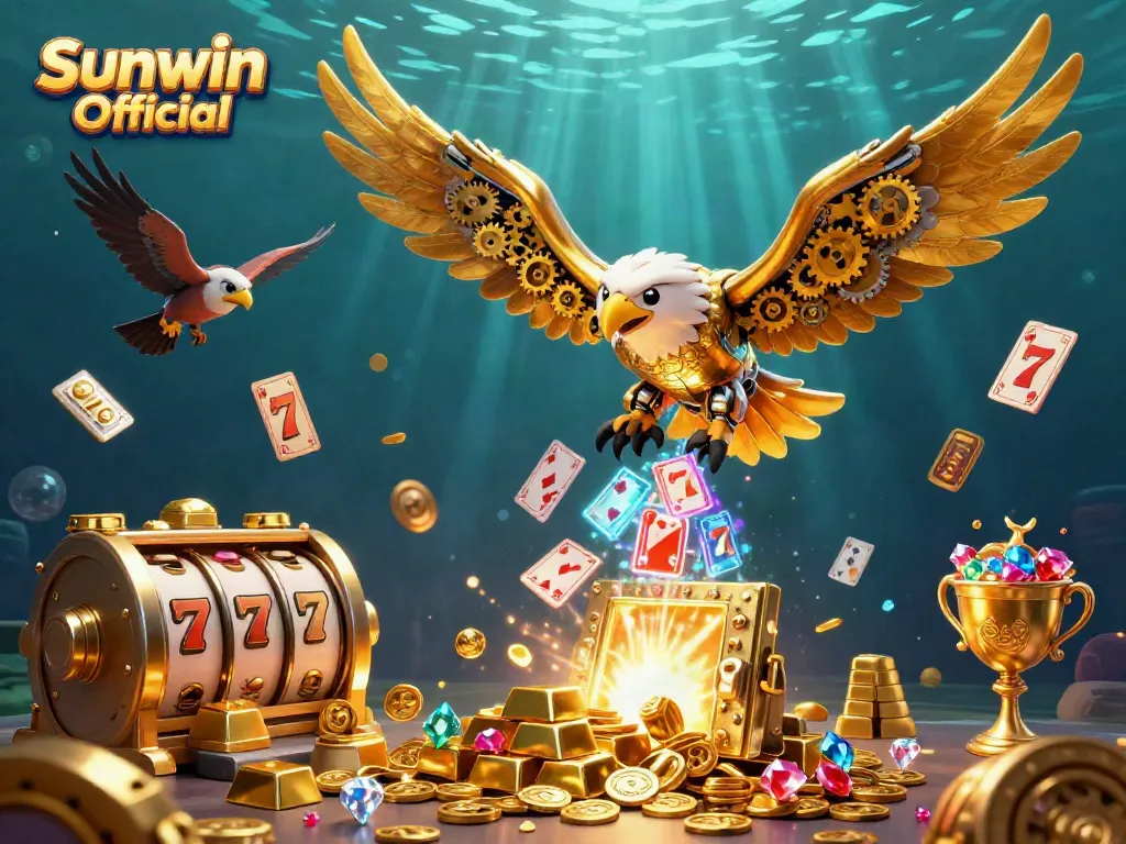 Experience the thrill of winning at Sunwin Official with golden treasures and vivid gaming elements in a vibrant scene.