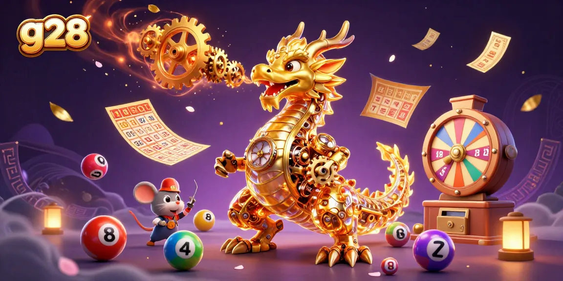 Engage with the g28 golden dragon as it breathes gears amidst vibrant lottery elements.