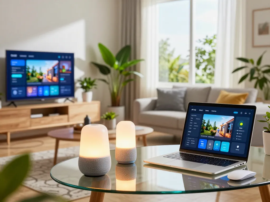 Explore innovative tech gadgets for home, featuring smart devices in a modern living room setting with warm lighting and contemporary decor.