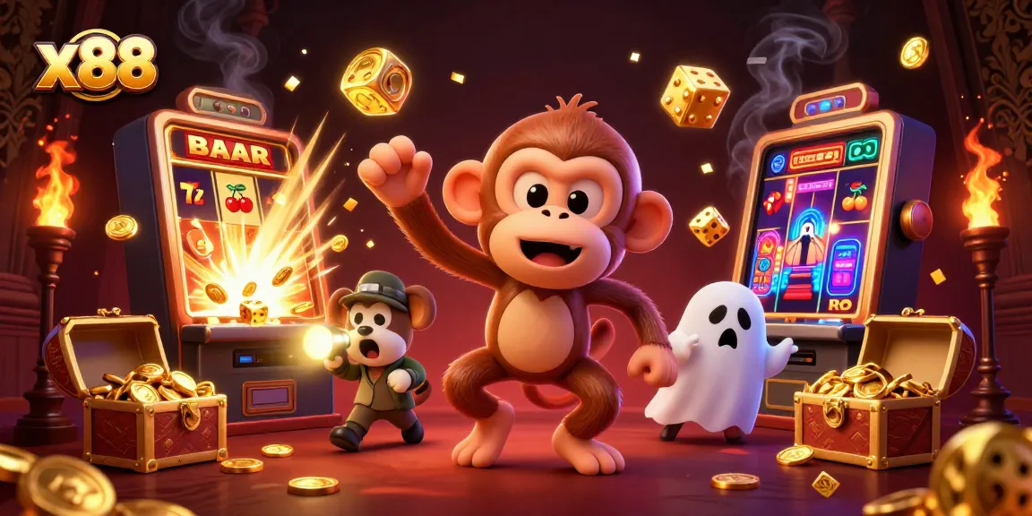 x88 showcases a lively casino scene with a mischievous monkey and a curious puppy amidst jackpots and games.