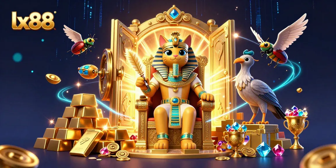 Experience exciting gaming at lx88 with a vibrant scene of a pharaoh cat on a treasure throne amidst flying jewels.