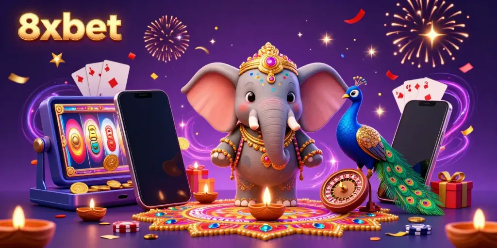 8xbet showcases a vibrant Diwali-themed scene featuring an elephant, peacock, and lively casino elements.