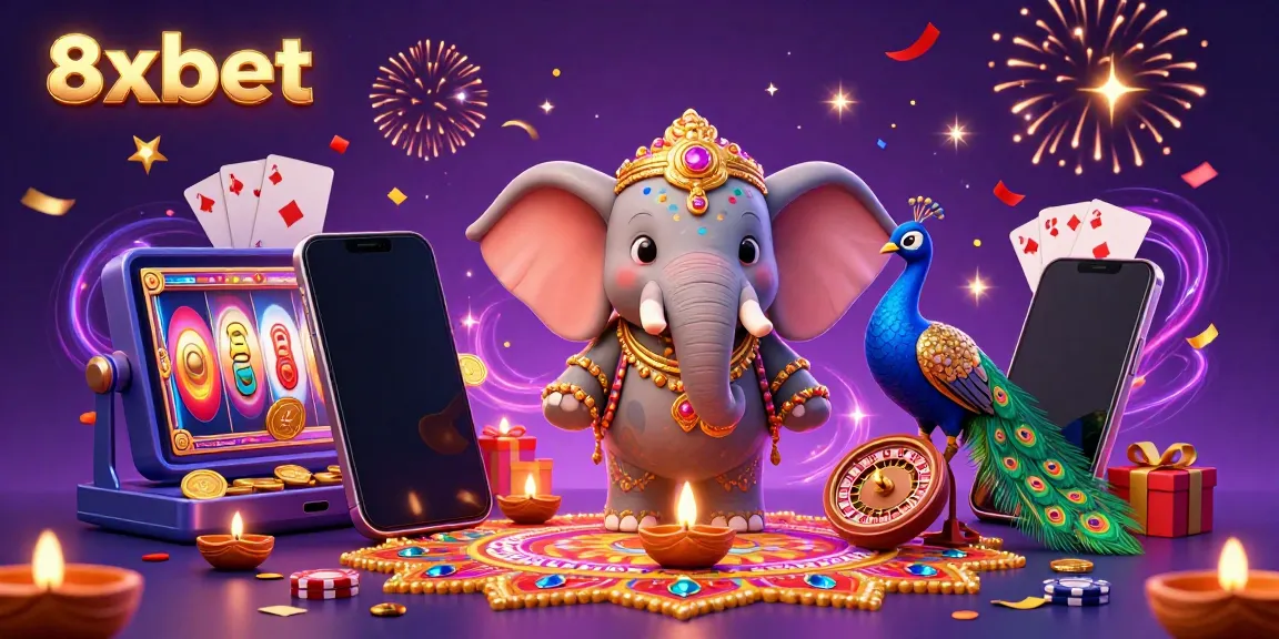 8xbet showcases a vibrant Diwali-themed scene featuring an elephant, peacock, and lively casino elements.