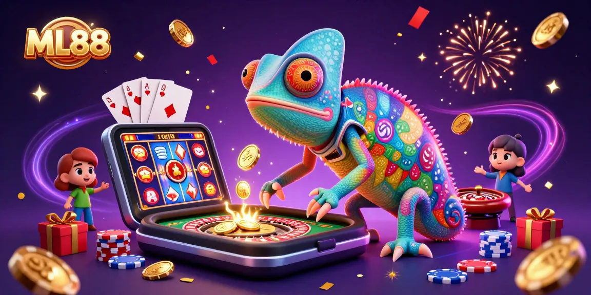 Experience ML88's thrilling gaming realm with a dynamic chameleon owner amidst festive casino elements.