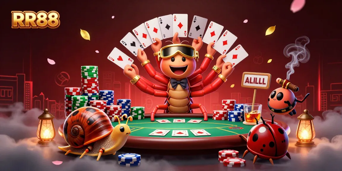 RR88 engages players with a vibrant casino scene featuring a millipede dealer and high-roller snail.