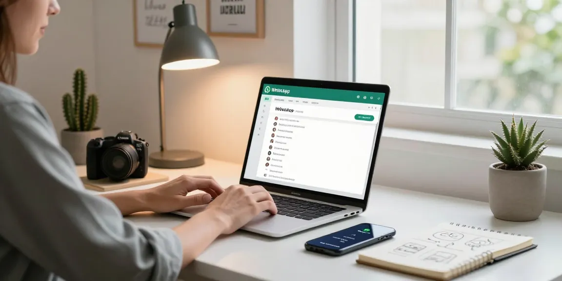 Engaging with WhatsApp電腦版 on a sleek laptop in a modern home office workspace.