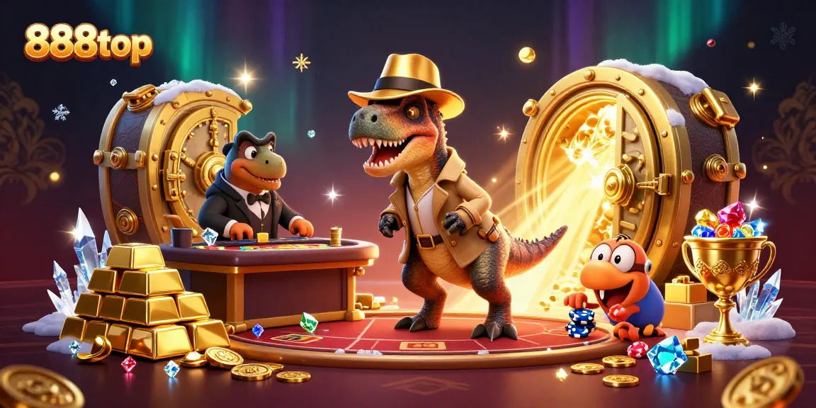 Experience thrilling gameplay at 888top with a cartoon velociraptor card counter in an exciting casino scene.